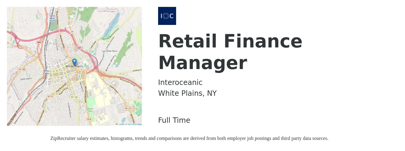 Interoceanic job posting for a Retail Finance Manager in White Plains, NY with a salary of $97,800 to $174,000 Yearly with a map of White Plains location.
