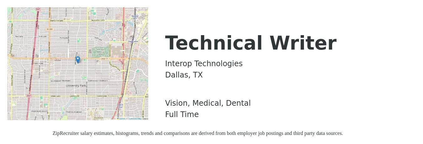 Interop Technologies job posting for a Technical Writer in Dallas, TX with a salary of $30 to $48 Hourly and benefits including dental, life_insurance, medical, retirement, and vision with a map of Dallas location.