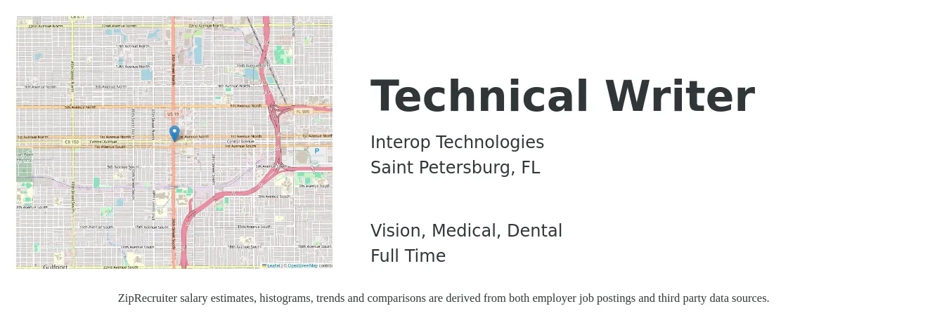 Interop Technologies job posting for a Technical Writer in Saint Petersburg, FL with a salary of $28 to $46 Hourly and benefits including life_insurance, medical, retirement, vision, and dental with a map of Saint Petersburg location.