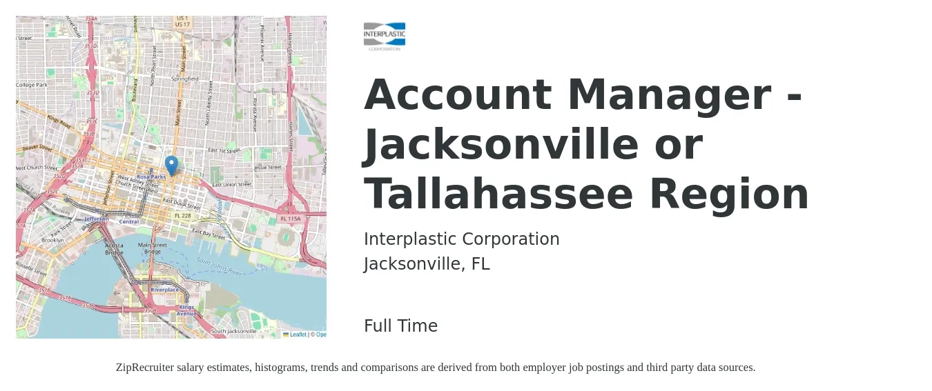 Interplastic Corporation job posting for a Account Manager - Jacksonville or Tallahassee Region in Jacksonville, FL with a salary of $43,600 to $71,200 Yearly with a map of Jacksonville location.
