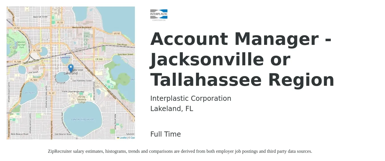 Interplastic Corporation job posting for a Account Manager - Jacksonville or Tallahassee Region in Lakeland, FL with a salary of $44,600 to $72,900 Yearly with a map of Lakeland location.