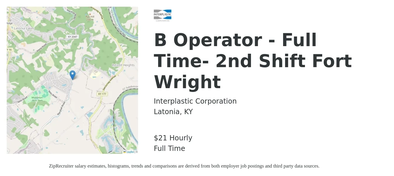 Interplastic Corporation job posting for a B Operator - Full Time- 2nd Shift Fort Wright in Latonia, KY with a salary of $22 Hourly with a map of Latonia location.