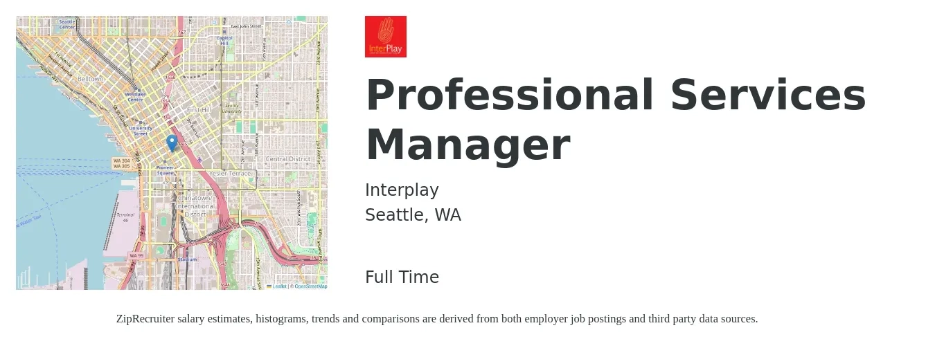 Interplay job posting for a Professional Services Manager in Seattle, WA with a salary of $90,000 Yearly with a map of Seattle location.