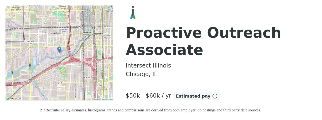 Intersect Illinois job posting for a Proactive Outreach Associate in Chicago, IL with a salary of $50,000 to $60,000 Yearly with a map of Chicago location.