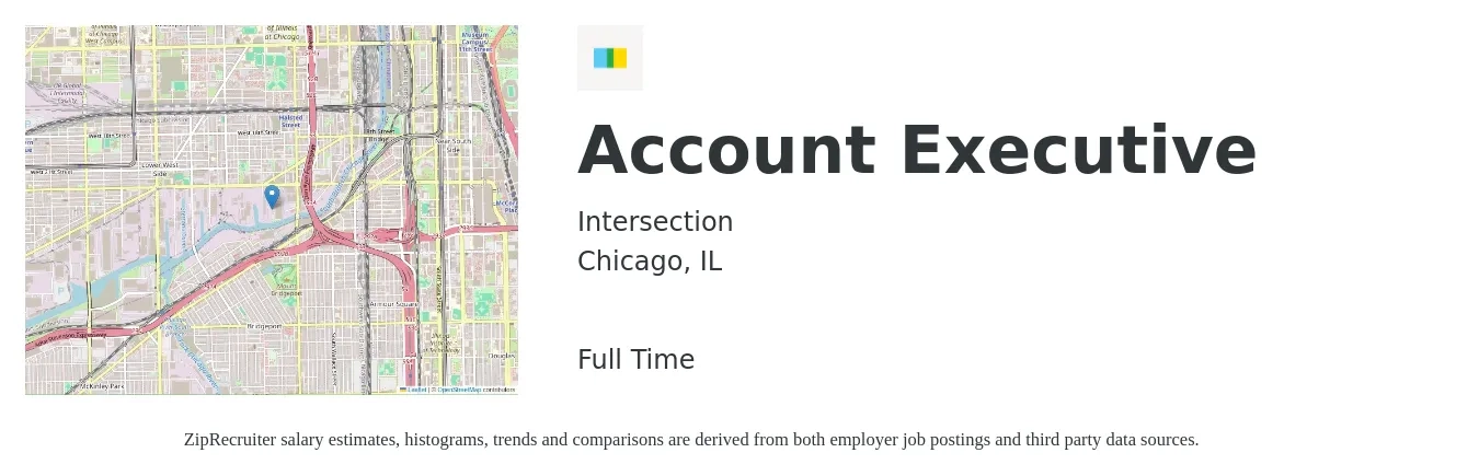 Intersection job posting for a Account Executive in Chicago, IL with a salary of $55,600 to $97,900 Yearly with a map of Chicago location.