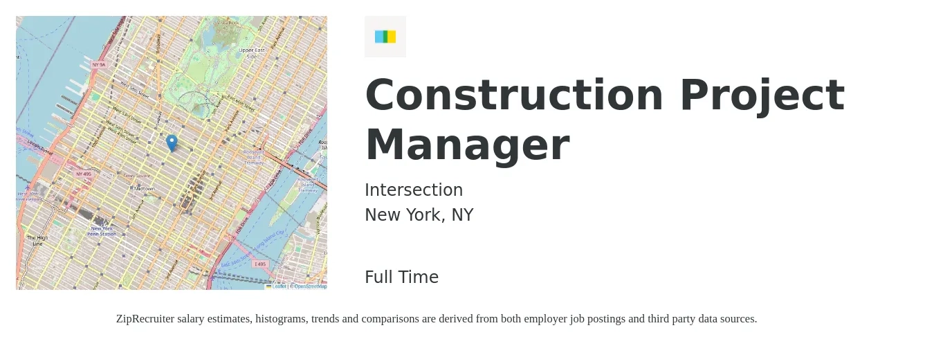Intersection job posting for a Construction Project Manager in New York, NY with a salary of $82,100 to $130,200 Yearly with a map of New York location.