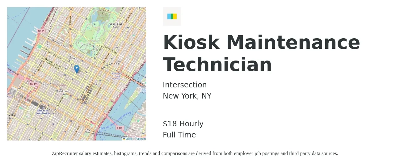 Intersection job posting for a Kiosk Maintenance Technician in New York, NY with a salary of $20 Hourly with a map of New York location.