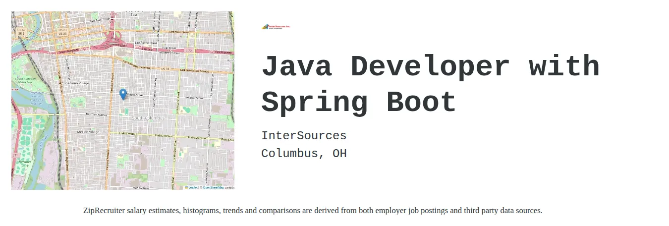 InterSources job posting for a Java Developer with Spring Boot in Columbus, OH with a salary of $49 to $64 Hourly with a map of Columbus location.