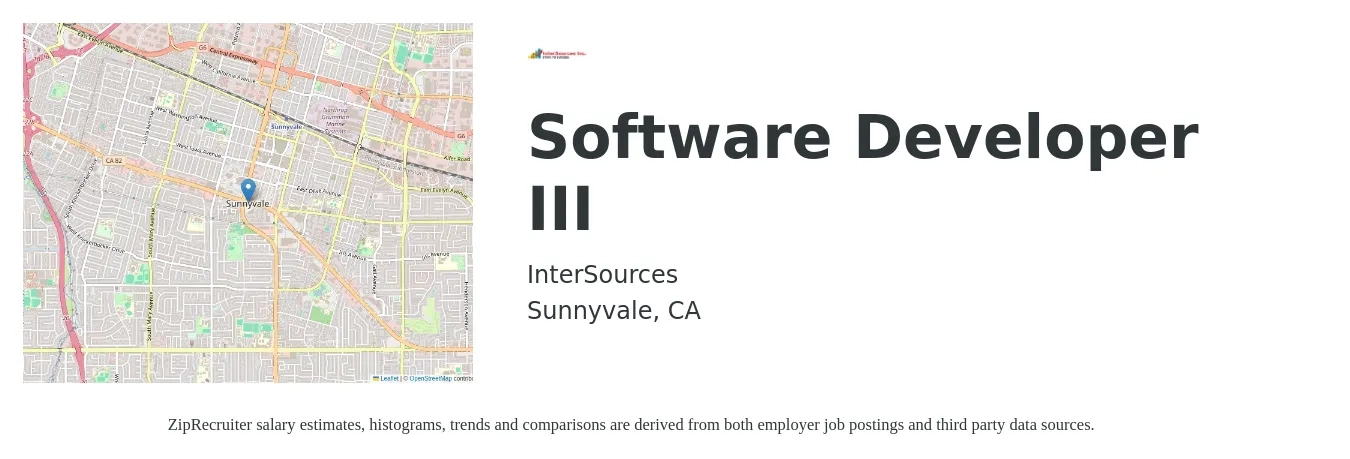 InterSources job posting for a Software Developer III in Sunnyvale, CA with a salary of $105,600 to $152,600 Yearly with a map of Sunnyvale location.