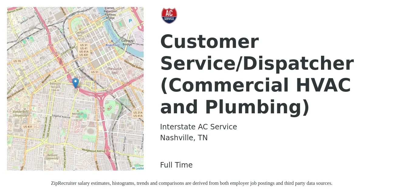 Interstate AC Service job posting for a Customer Service/Dispatcher (Commercial HVAC and Plumbing) in Nashville, TN with a salary of $16 to $20 Hourly with a map of Nashville location.