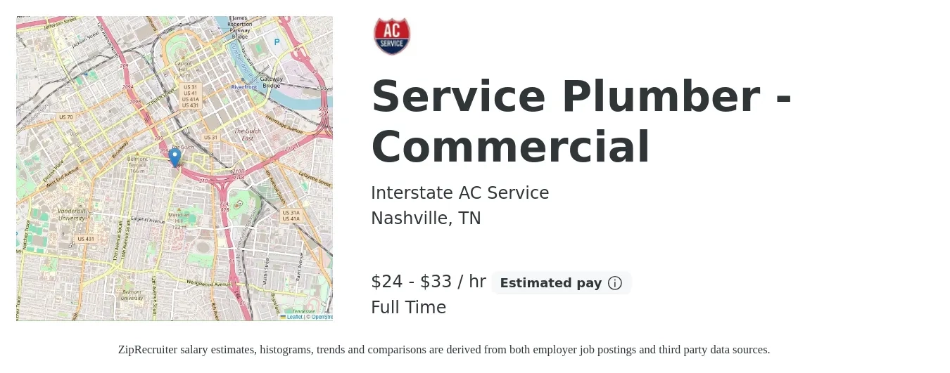 Interstate AC Service job posting for a Service Plumber - Commercial in Nashville, TN with a salary of $25 to $35 Hourly with a map of Nashville location.
