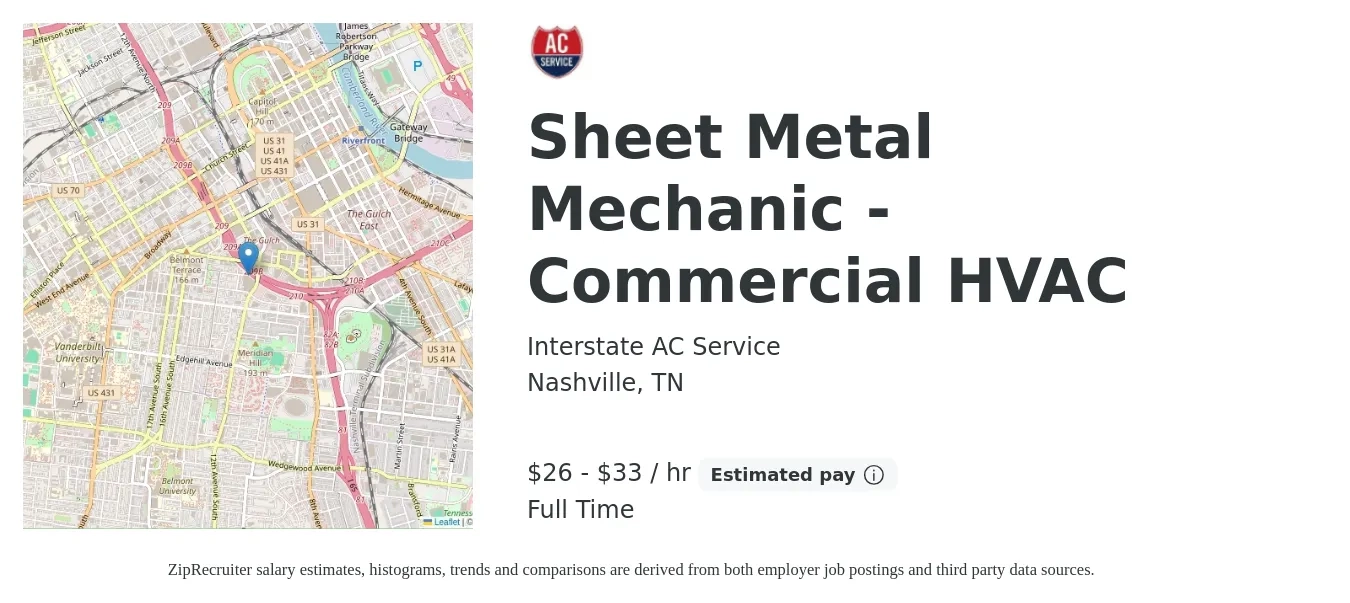 Interstate AC Service job posting for a Sheet Metal Mechanic - Commercial HVAC in Nashville, TN with a salary of $28 to $35 Hourly with a map of Nashville location.