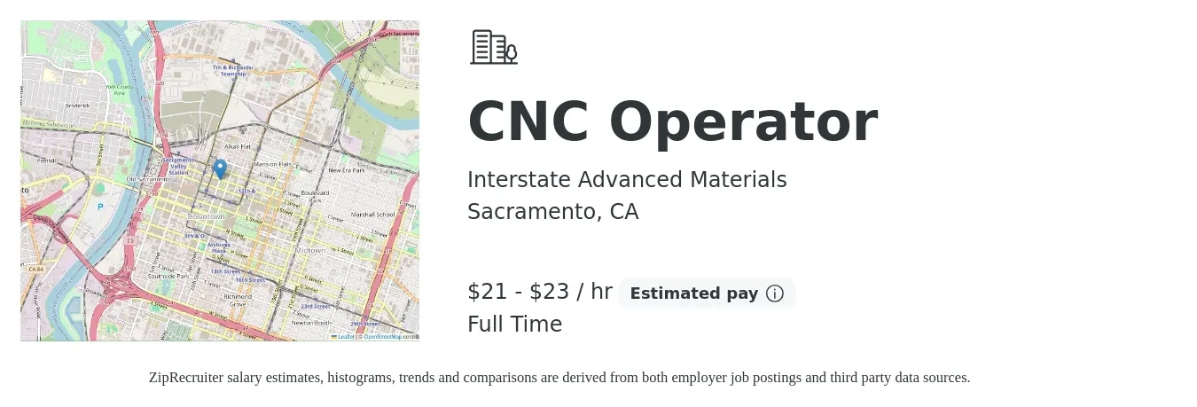 Interstate Advanced Materials job posting for a CNC Operator in Sacramento, CA with a salary of $22 to $24 Hourly with a map of Sacramento location.