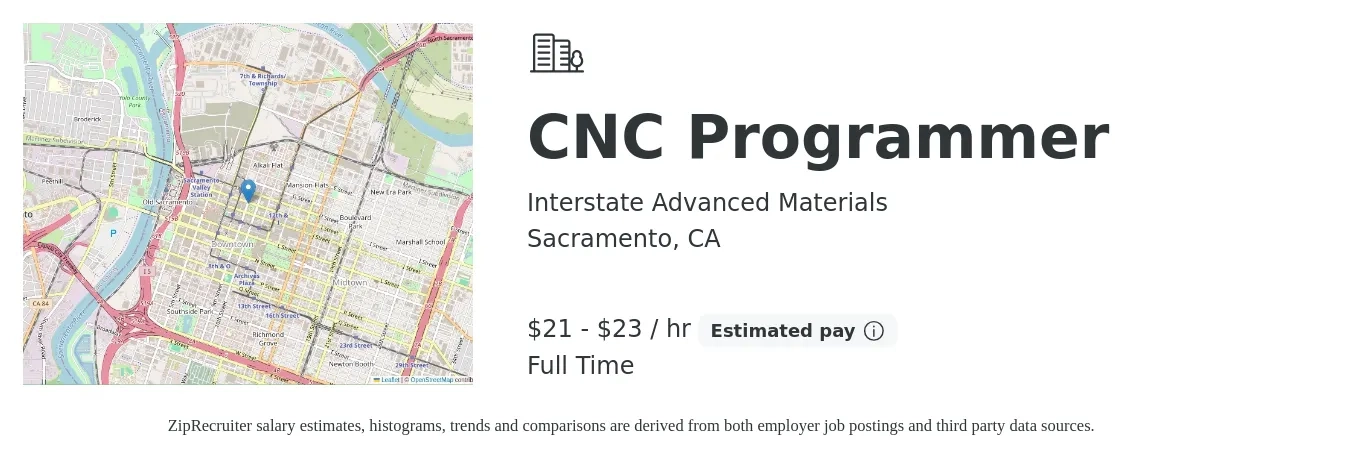 Interstate Advanced Materials job posting for a CNC Programmer in Sacramento, CA with a salary of $22 to $24 Hourly with a map of Sacramento location.