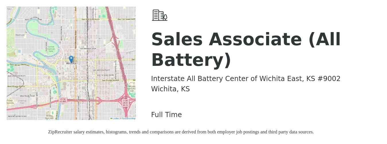 Interstate All Battery Center of Wichita East, KS #9002 job posting for a Sales Associate (All Battery) in Wichita, KS with a salary of $12 to $17 Hourly with a map of Wichita location.