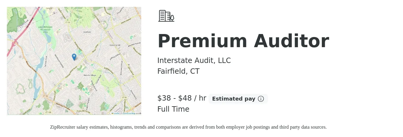 Interstate Audit, LLC job posting for a Premium Auditor in Fairfield, CT with a salary of $40 to $50 Hourly with a map of Fairfield location.