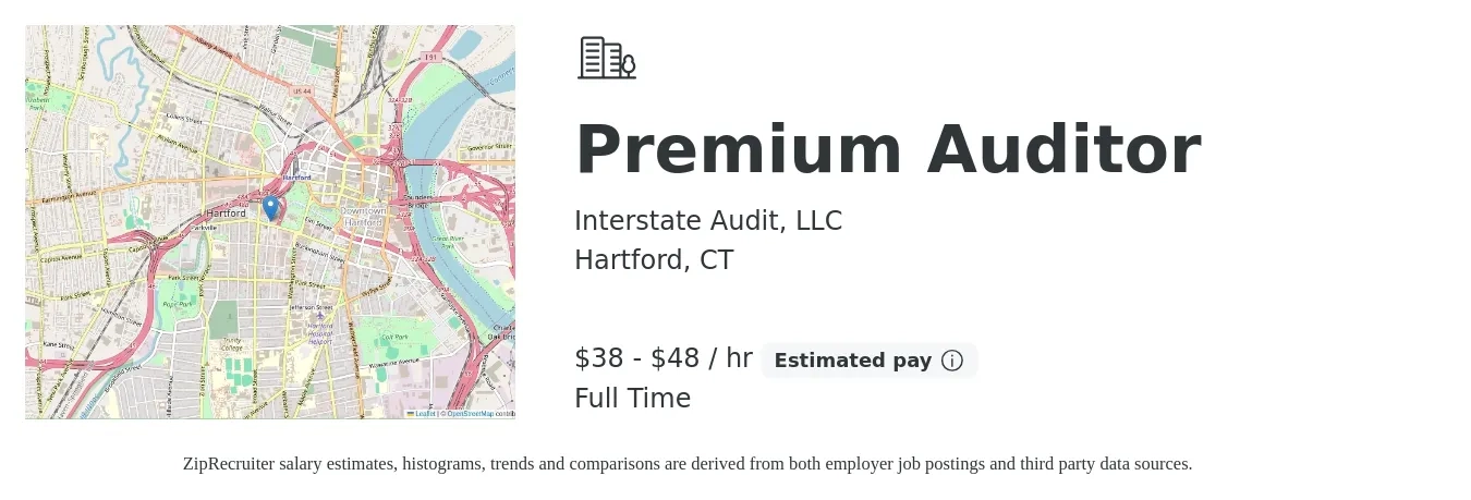 Interstate Audit, LLC job posting for a Premium Auditor in Hartford, CT with a salary of $40 to $50 Hourly with a map of Hartford location.