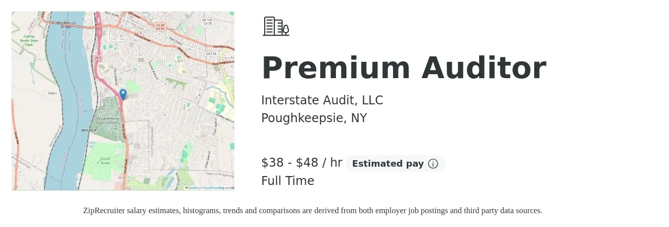Interstate Audit, LLC job posting for a Premium Auditor in Poughkeepsie, NY with a salary of $40 to $50 Hourly with a map of Poughkeepsie location.