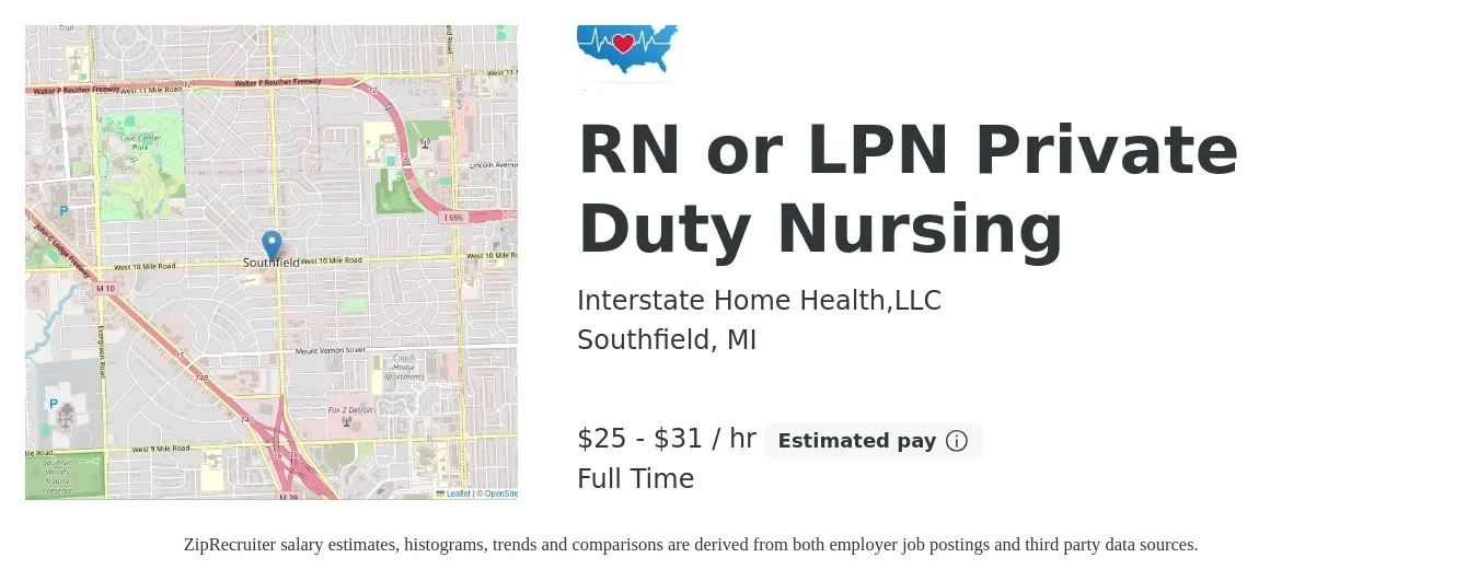 Interstate Home Health,LLC job posting for a RN or LPN Private Duty Nursing in Southfield, MI with a salary of $27 to $33 Hourly with a map of Southfield location.