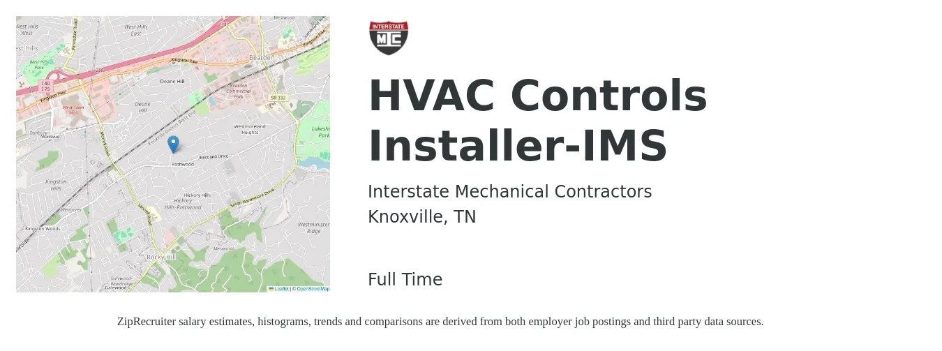 Interstate Mechanical Contractors job posting for a HVAC Controls Installer-IMS in Knoxville, TN with a salary of $20 to $31 Hourly with a map of Knoxville location.