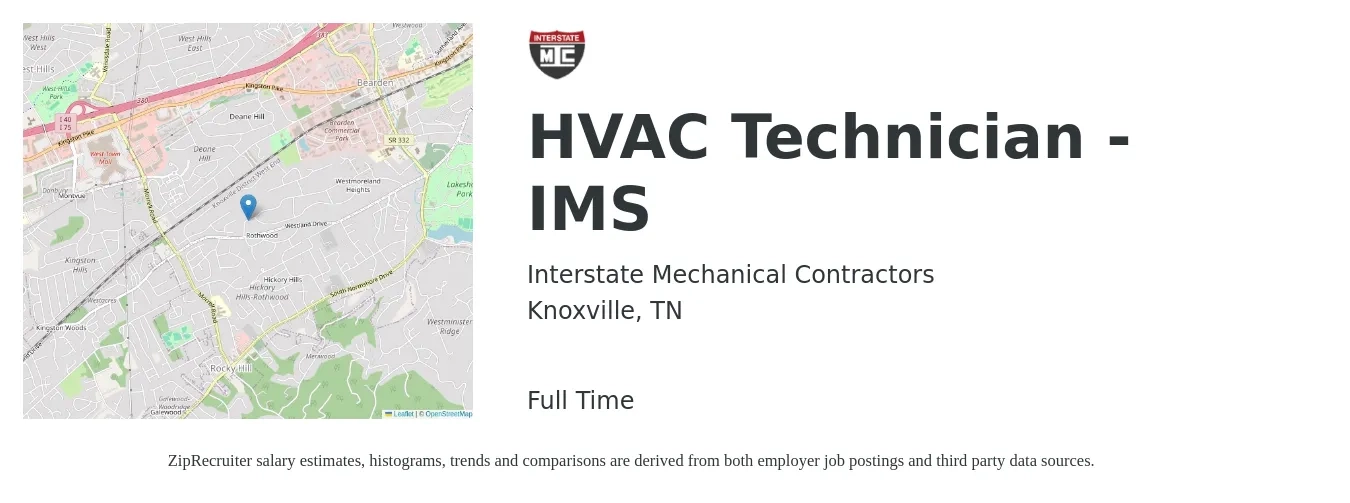 Interstate Mechanical Contractors job posting for a HVAC Technician - IMS in Knoxville, TN with a salary of $22 to $32 Hourly with a map of Knoxville location.