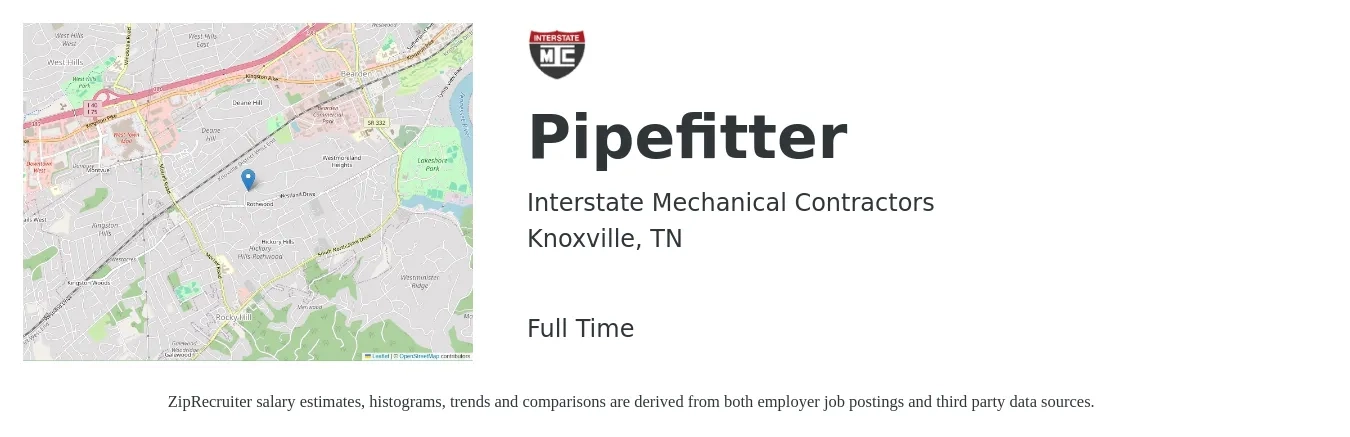 Interstate Mechanical Contractors job posting for a Pipefitter in Knoxville, TN with a salary of $24 to $31 Hourly with a map of Knoxville location.