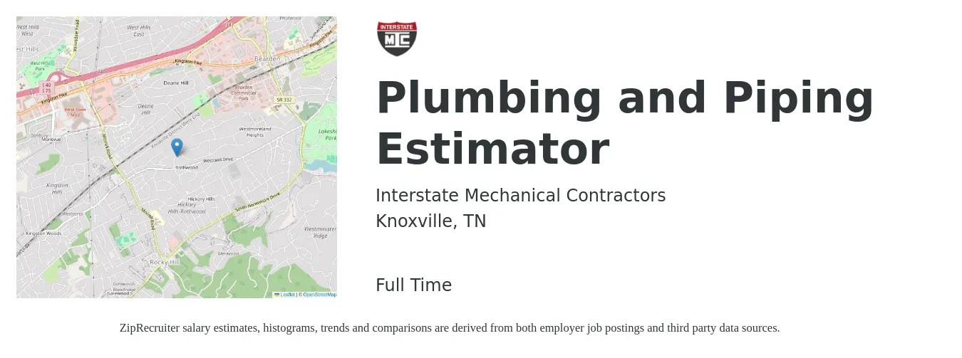 Interstate Mechanical Contractors job posting for a Plumbing and Piping Estimator in Knoxville, TN with a salary of $59,200 to $94,500 Yearly with a map of Knoxville location.