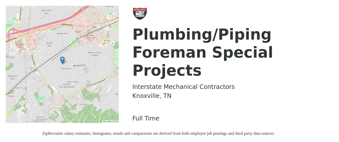 Interstate Mechanical Contractors job posting for a Plumbing/Piping Foreman Special Projects in Knoxville, TN with a salary of $29 to $43 Hourly with a map of Knoxville location.