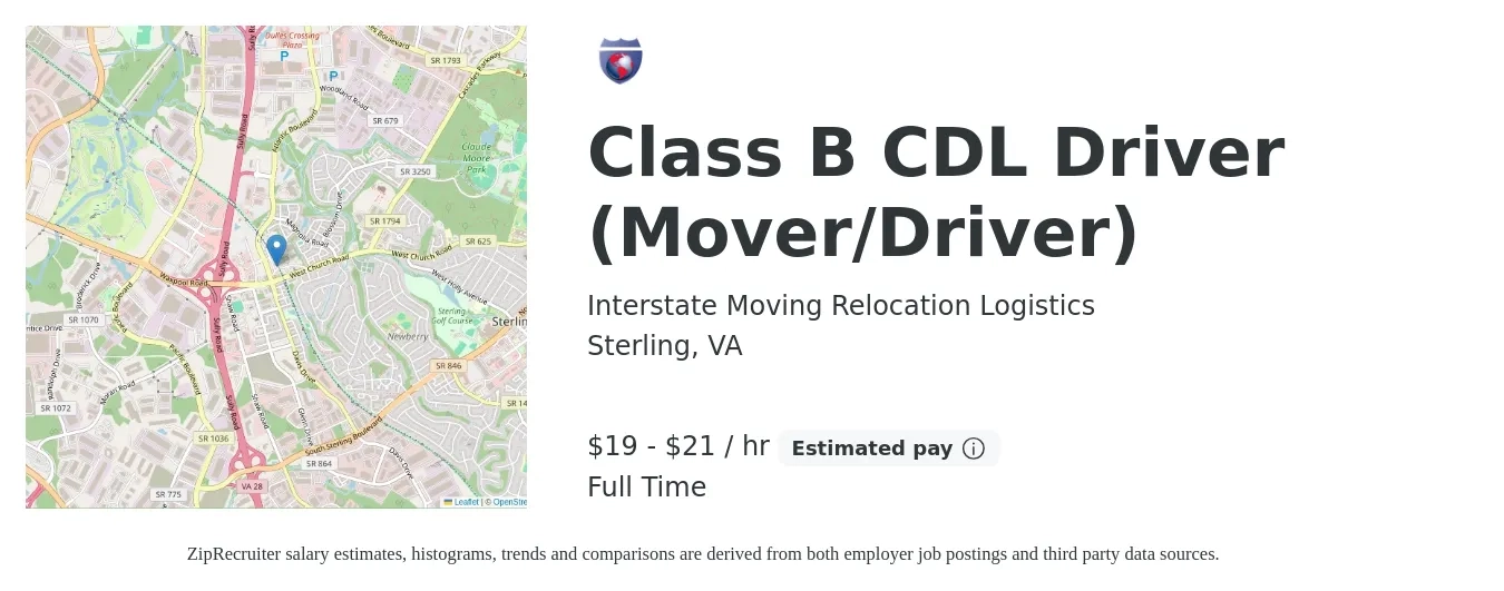 Interstate Moving Relocation Logistics job posting for a Class B CDL Driver (Mover/Driver) in Sterling, VA with a salary of $20 to $22 Hourly with a map of Sterling location.