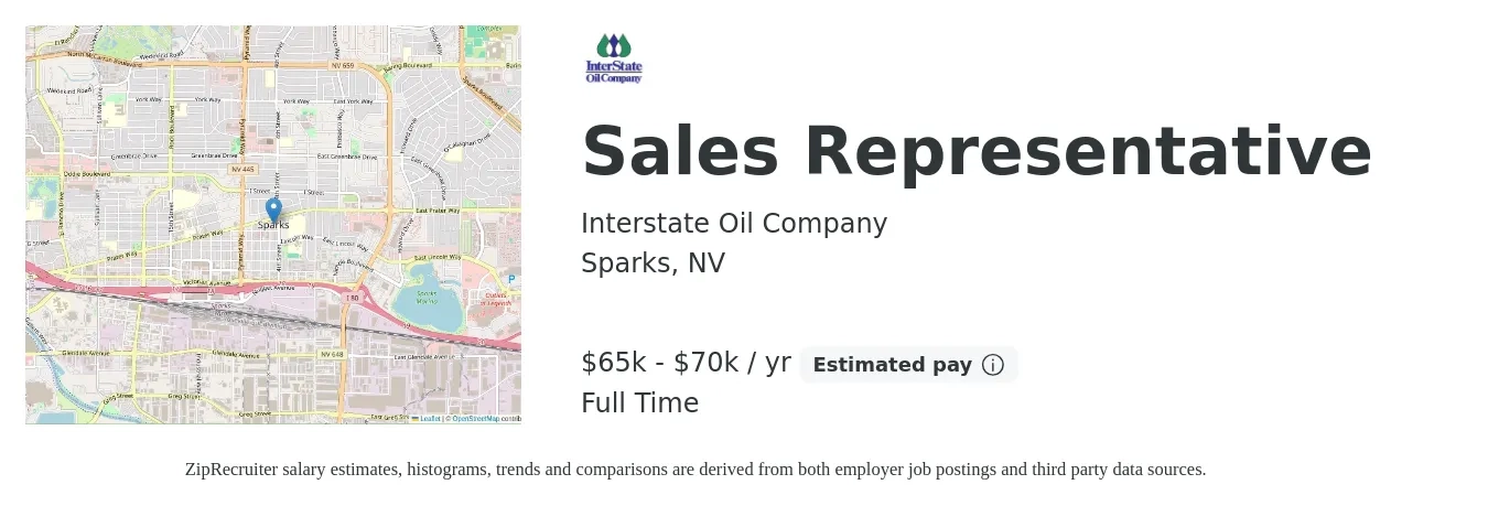 Interstate Oil Company job posting for a Sales Representative in Sparks, NV with a salary of $65,000 to $70,000 Yearly with a map of Sparks location.