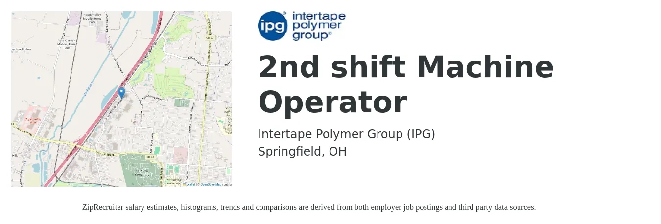 Intertape Polymer Group (IPG) job posting for a 2nd shift Machine Operator in Springfield, OH with a salary of $19 to $21 Hourly with a map of Springfield location.