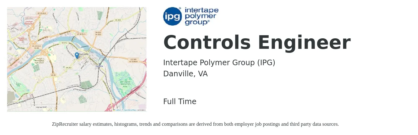 Intertape Polymer Group (IPG) job posting for a Controls Engineer in Danville, VA with a salary of $77,500 to $100,300 Yearly with a map of Danville location.