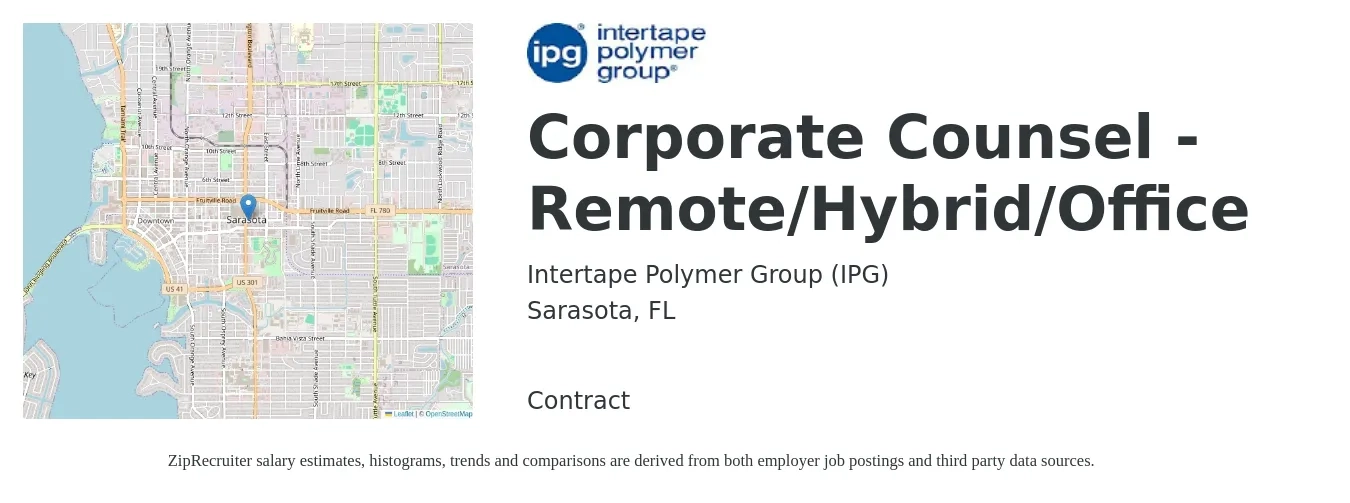 Intertape Polymer Group (IPG) job posting for a Corporate Counsel - Remote/Hybrid/Office in Sarasota, FL with a salary of $125,300 to $176,900 Yearly with a map of Sarasota location.