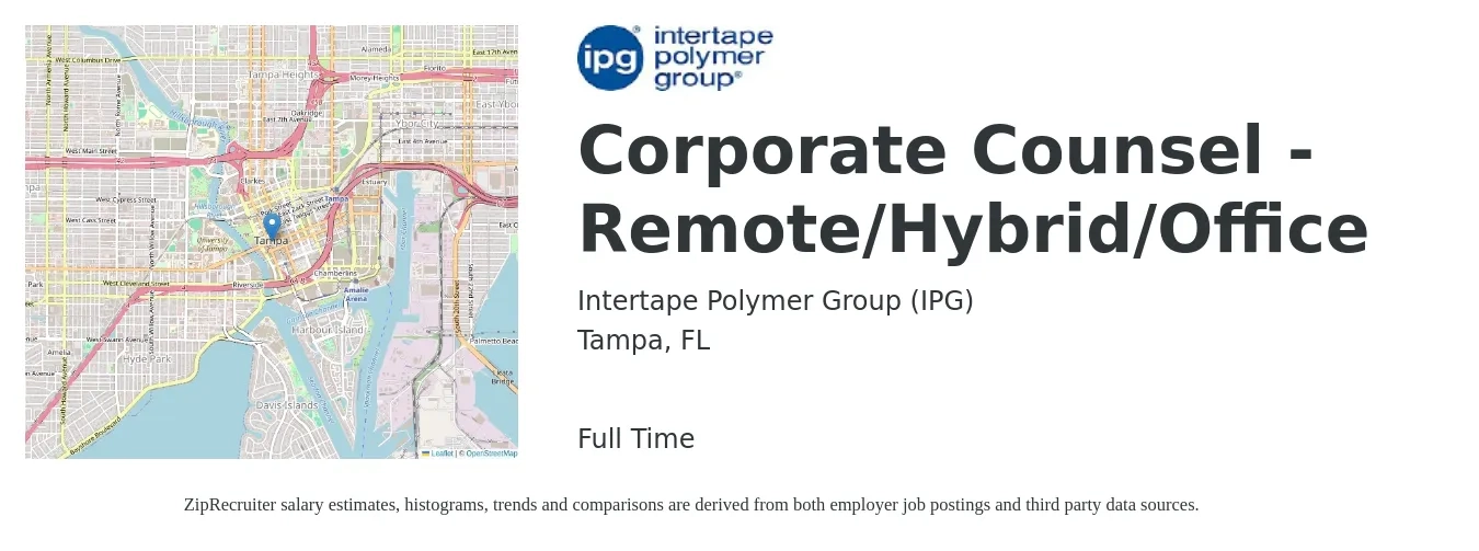 Intertape Polymer Group (IPG) job posting for a Corporate Counsel - Remote/Hybrid/Office in Tampa, FL with a salary of $122,900 to $173,400 Yearly with a map of Tampa location.