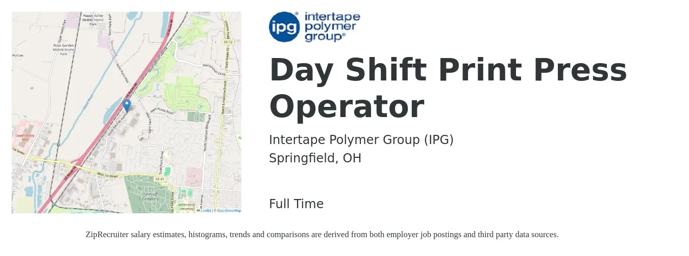 Intertape Polymer Group (IPG) job posting for a Day Shift Print Press Operator in Springfield, OH with a salary of $22 to $26 Hourly with a map of Springfield location.