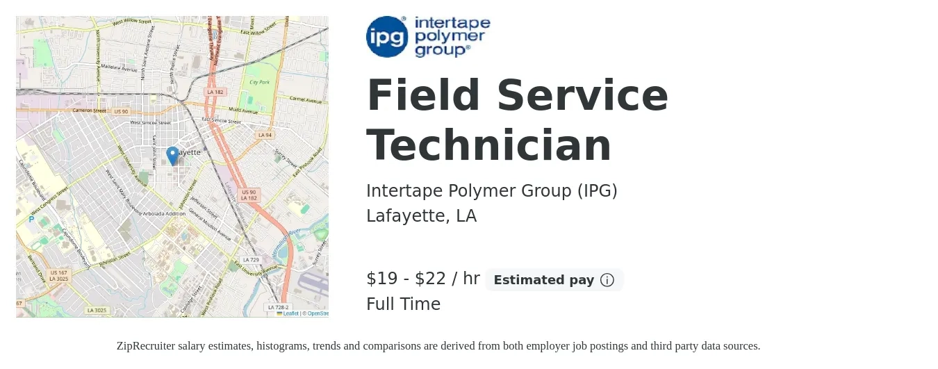 Intertape Polymer Group (IPG) job posting for a Field Service Technician in Lafayette, LA with a salary of $21 to $24 Hourly with a map of Lafayette location.