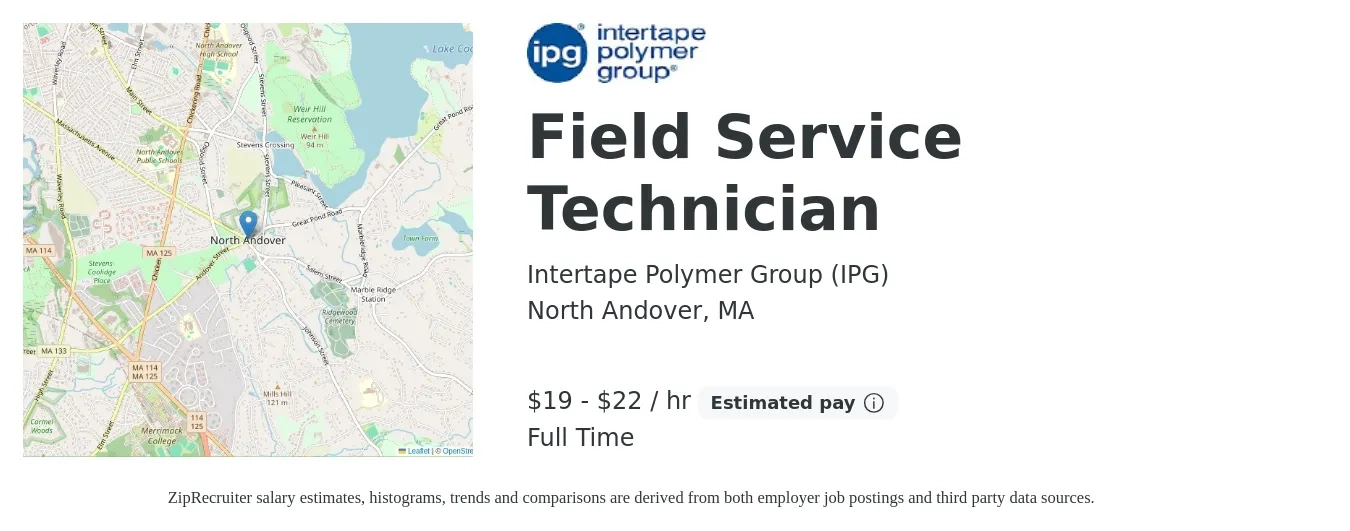Intertape Polymer Group (IPG) job posting for a Field Service Technician in North Andover, MA with a salary of $21 to $24 Hourly with a map of North Andover location.