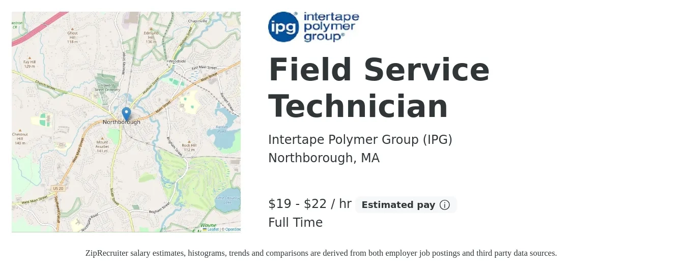 Intertape Polymer Group (IPG) job posting for a Field Service Technician in Northborough, MA with a salary of $21 to $24 Hourly with a map of Northborough location.