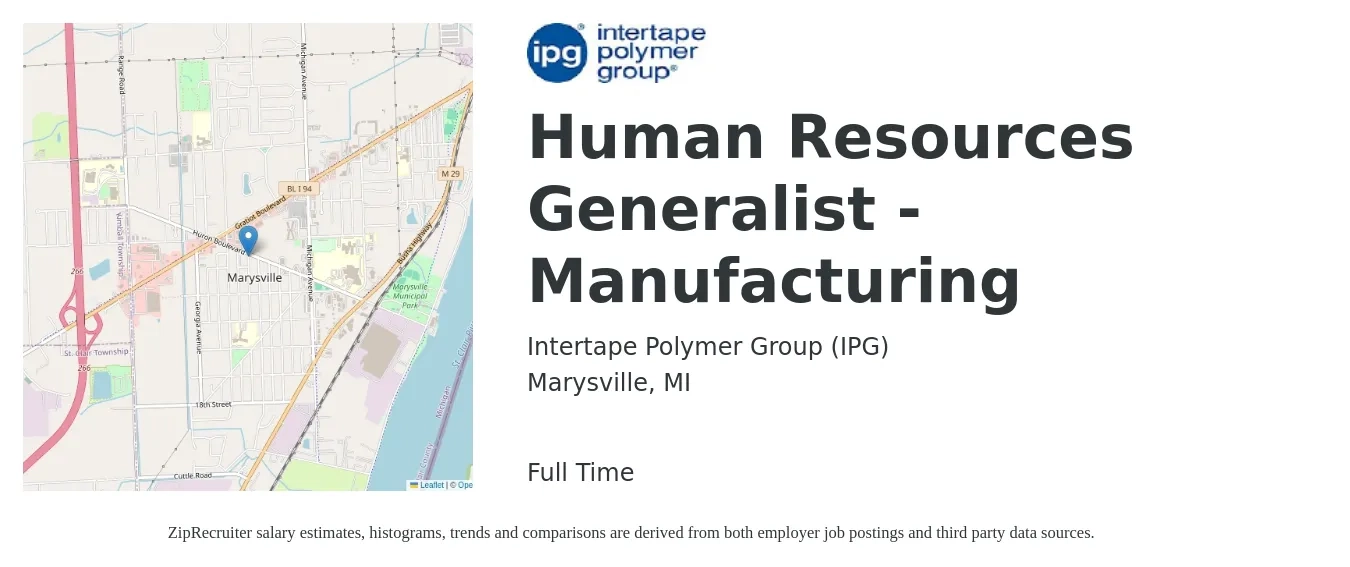 Intertape Polymer Group (IPG) job posting for a Human Resources Generalist - Manufacturing in Marysville, MI with a salary of $51,500 to $67,000 Yearly with a map of Marysville location.