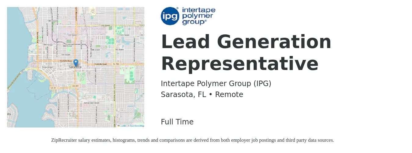 Intertape Polymer Group (IPG) job posting for a Lead Generation Representative in Sarasota, FL with a salary of $52,500 to $139,300 Yearly with a map of Sarasota location.