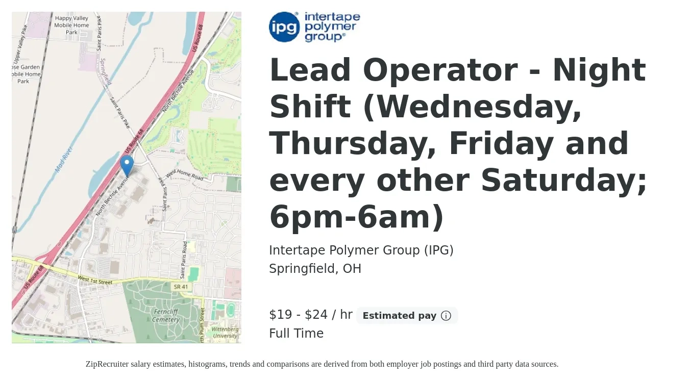 Intertape Polymer Group (IPG) job posting for a Lead Operator - Night Shift (Wednesday, Thursday, Friday and every other Saturday; 6pm-6am) in Springfield, OH with a salary of $20 to $25 Hourly with a map of Springfield location.