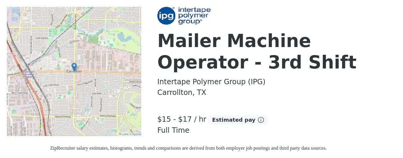 Intertape Polymer Group (IPG) job posting for a Mailer Machine Operator - 3rd Shift in Carrollton, TX with a salary of $16 to $18 Hourly with a map of Carrollton location.