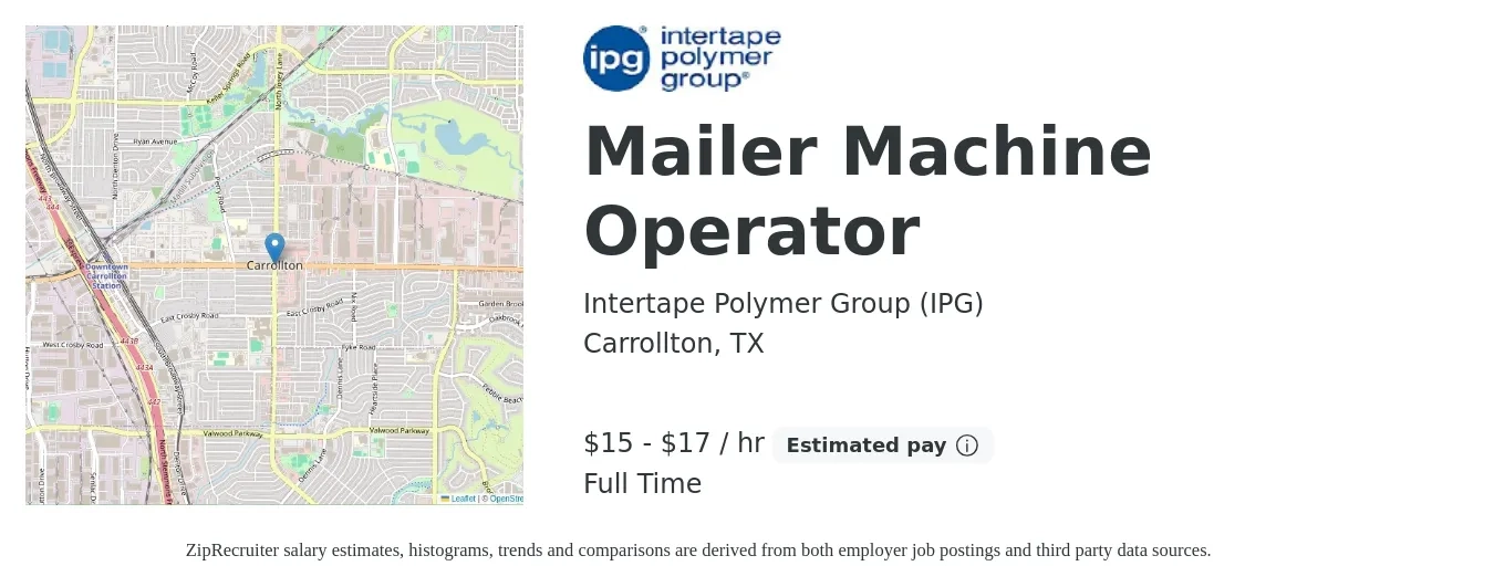 Intertape Polymer Group (IPG) job posting for a Mailer Machine Operator in Carrollton, TX with a salary of $16 to $18 Hourly with a map of Carrollton location.