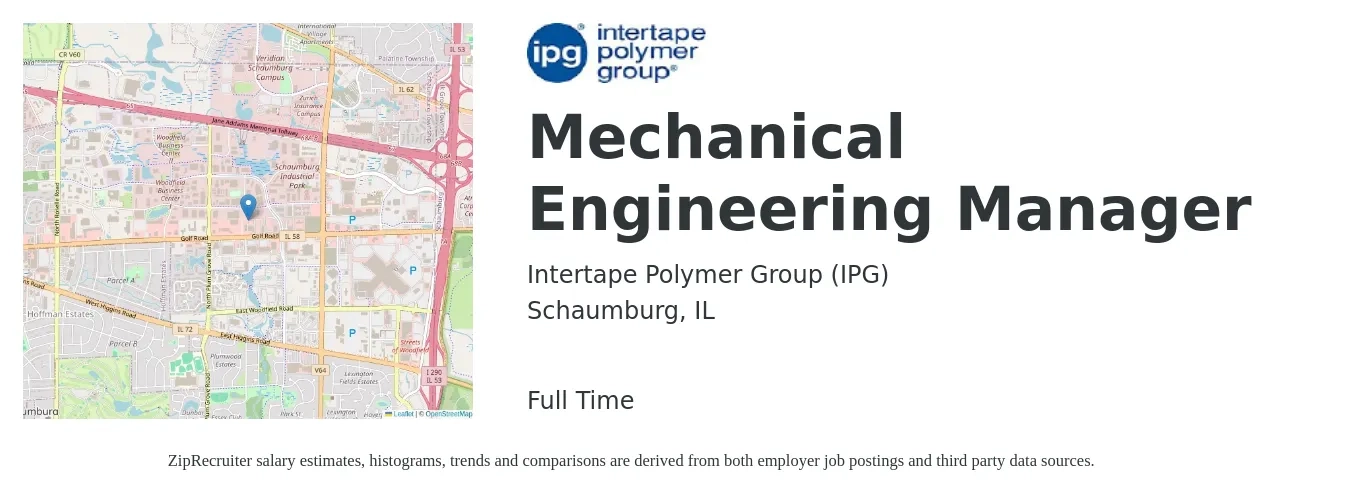 Intertape Polymer Group (IPG) job posting for a Mechanical Engineering Manager in Schaumburg, IL with a salary of $102,600 to $141,600 Yearly with a map of Schaumburg location.