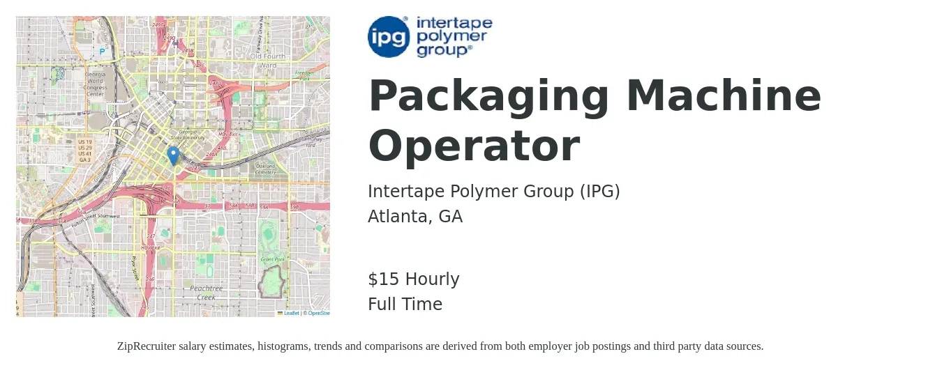 Intertape Polymer Group (IPG) job posting for a Packaging Machine Operator in Atlanta, GA with a salary of $16 to $18 Hourly with a map of Atlanta location.