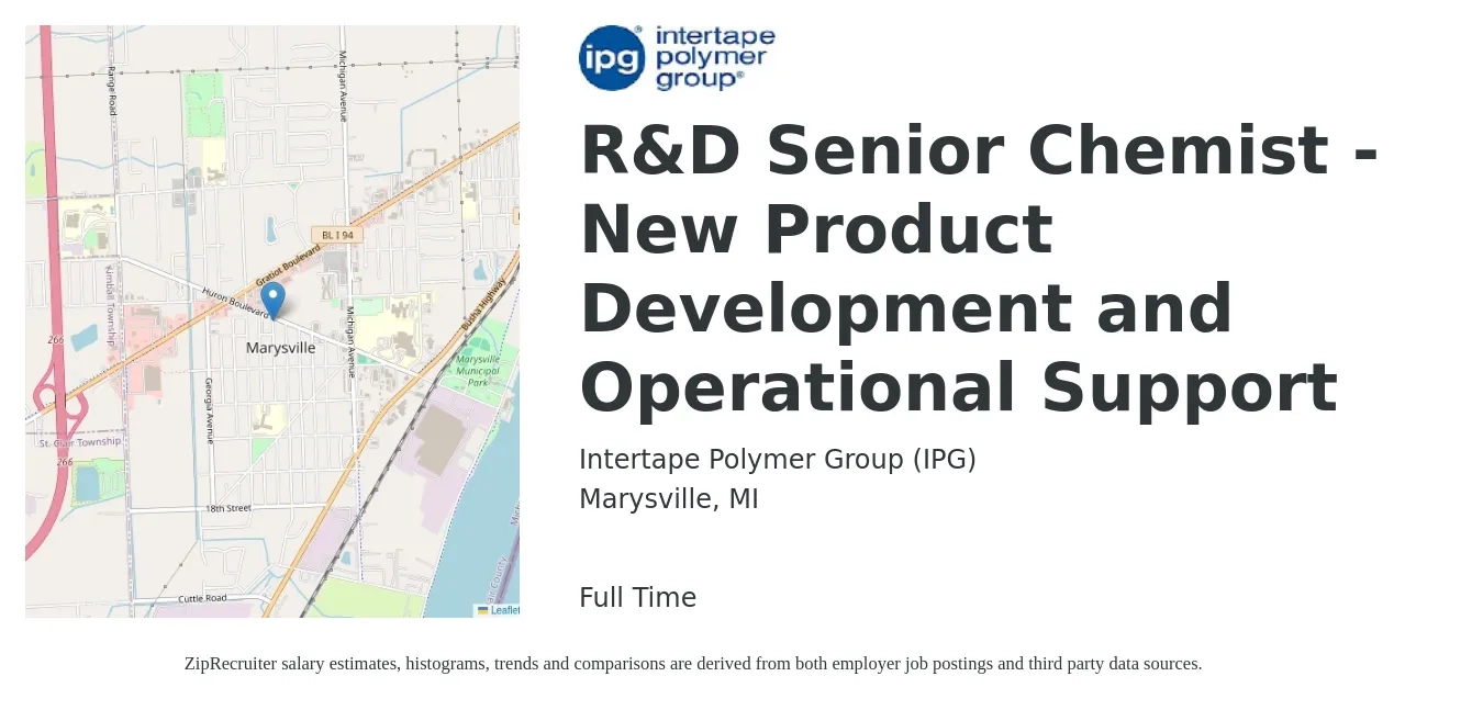 Intertape Polymer Group (IPG) job posting for a R&D Senior Chemist - New Product Development and Operational Support in Marysville, MI with a salary of $56,500 to $97,900 Yearly with a map of Marysville location.