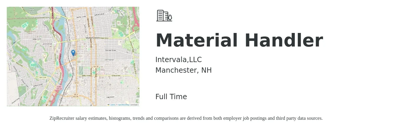Intervala,LLC job posting for a Material Handler in Manchester, NH with a salary of $16 to $20 Hourly with a map of Manchester location.
