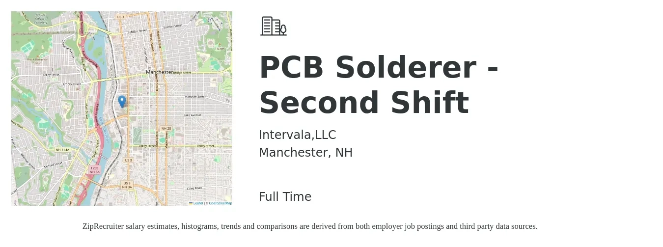 Intervala,LLC job posting for a PCB Solderer - Second Shift in Manchester, NH with a salary of $16 to $23 Hourly with a map of Manchester location.