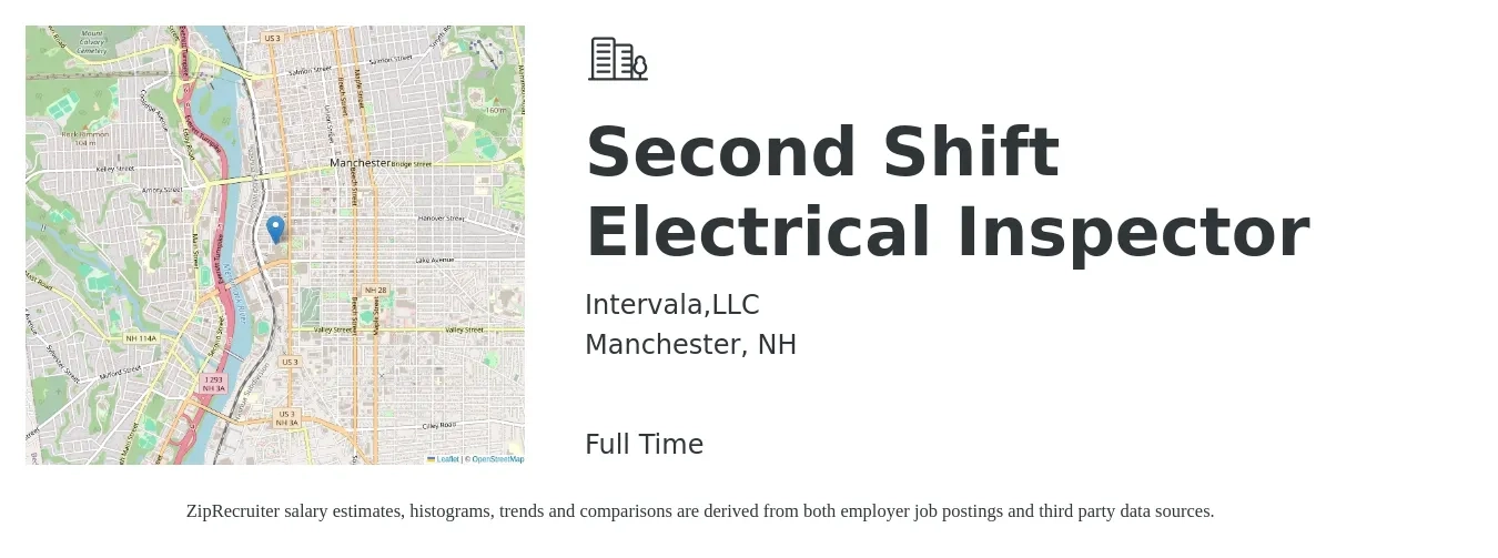 Intervala,LLC job posting for a Second Shift Electrical Inspector in Manchester, NH with a salary of $19 to $32 Hourly with a map of Manchester location.