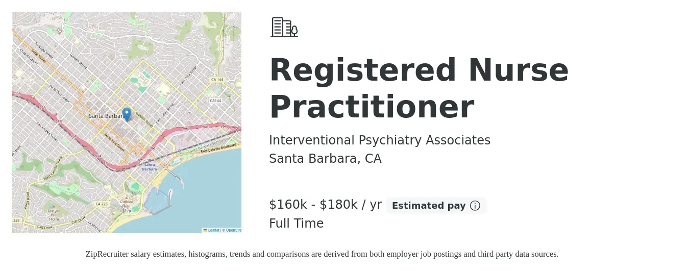 Interventional Psychiatry Associates job posting for a Registered Nurse Practitioner in Santa Barbara, CA with a salary of $160,000 to $180,000 Yearly (plus commission) and benefits including pto, and retirement with a map of Santa Barbara location.